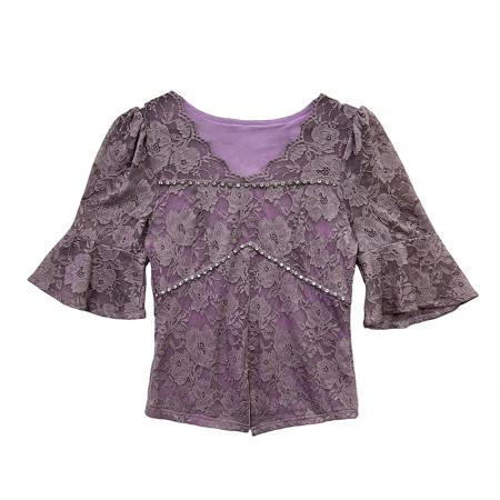 BY14959# 法式潮蕾丝高级性感v领订钻镂空泡泡中袖夏季开叉修身小衫女上衣 服裝批發女裝批發服飾貨源