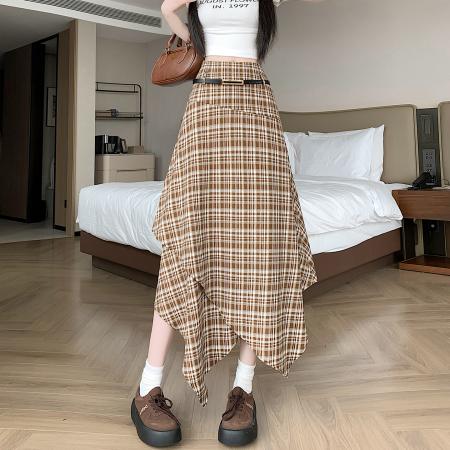 BY14970# 美式辣妹高腰显瘦垂感不规则格纹半身a字裙伞裙配腰带 服裝批發女裝批發服飾貨源