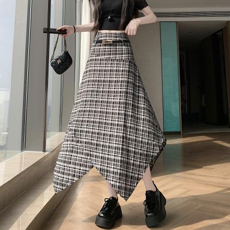 BY14970# 美式辣妹高腰显瘦垂感不规则格纹半身a字裙伞裙配腰带 服裝批發女裝批發服飾貨源