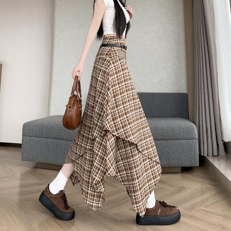 BY14970# 美式辣妹高腰显瘦垂感不规则格纹半身a字裙伞裙配腰带 服裝批發女裝批發服飾貨源