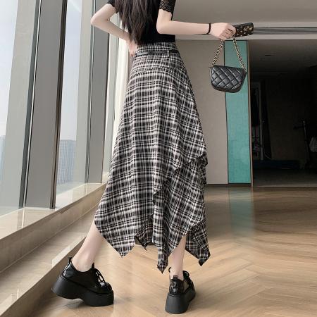 BY14970# 美式辣妹高腰显瘦垂感不规则格纹半身a字裙伞裙配腰带 服裝批發女裝批發服飾貨源