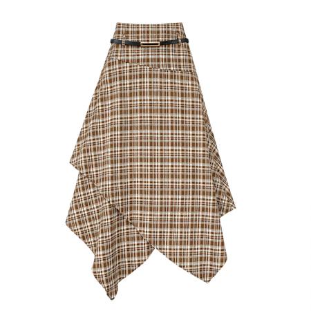 BY14970# 美式辣妹高腰显瘦垂感不规则格纹半身a字裙伞裙配腰带 服裝批發女裝批發服飾貨源