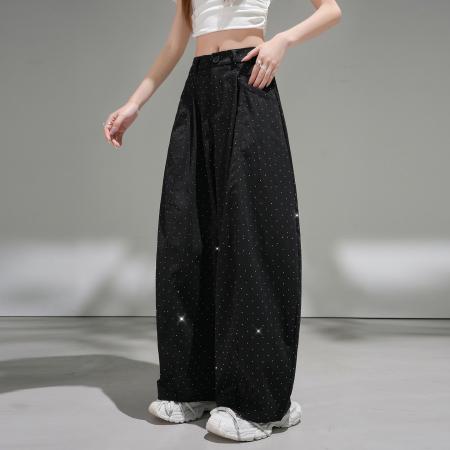 BY14971# 夏美式满天星烫钻慵懒风宽松显瘦休闲长裤弯刀裤阔腿裤 服裝批發女裝批發服飾貨源