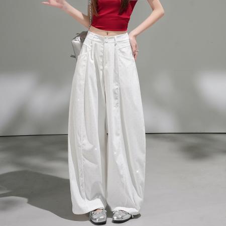 BY14971# 夏美式满天星烫钻慵懒风宽松显瘦休闲长裤弯刀裤阔腿裤 服裝批發女裝批發服飾貨源