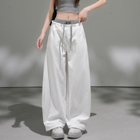 BY14972# 夏松紧腰撞色抽绳百搭宽松阔腿束脚两穿休闲工装运动裤 服裝批發女裝批發服飾貨源