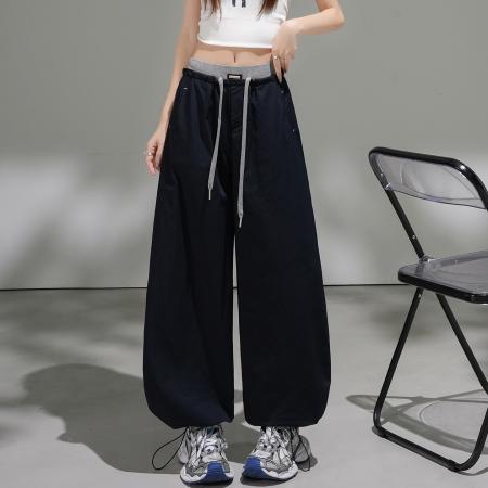 BY14972# 夏松紧腰撞色抽绳百搭宽松阔腿束脚两穿休闲工装运动裤 服裝批發女裝批發服飾貨源