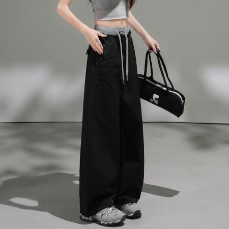 BY14972# 夏松紧腰撞色抽绳百搭宽松阔腿束脚两穿休闲工装运动裤 服裝批發女裝批發服飾貨源