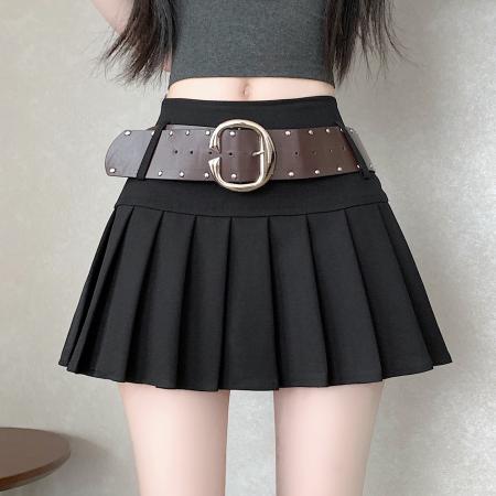 BY14974# 夏韩版甜酷辣妹包臀显瘦铆钉皮带设计a字半身短裙百褶裙 服裝批發女裝批發服飾貨源