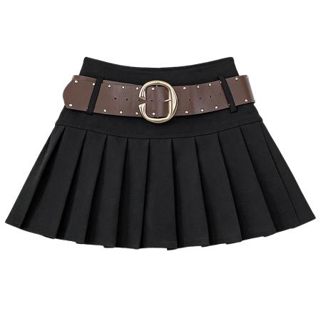 BY14974# 夏韩版甜酷辣妹包臀显瘦铆钉皮带设计a字半身短裙百褶裙 服裝批發女裝批發服飾貨源