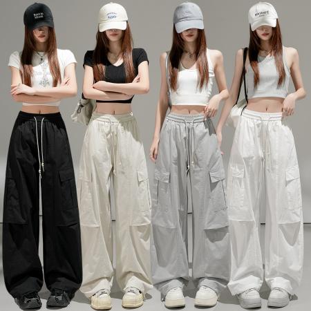 BY14975# 夏松紧腰抽绳大口袋洗水棉阔腿束脚两穿休闲弯刀工装裤 服裝批發女裝批發服飾貨源