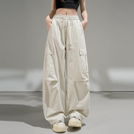 BY14975# 夏松紧腰抽绳大口袋洗水棉阔腿束脚两穿休闲弯刀工装裤 服裝批發女裝批發服飾貨源