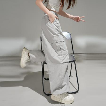 BY14975# 夏松紧腰抽绳大口袋洗水棉阔腿束脚两穿休闲弯刀工装裤 服裝批發女裝批發服飾貨源