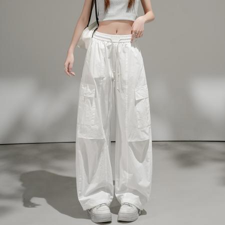 BY14975# 夏松紧腰抽绳大口袋洗水棉阔腿束脚两穿休闲弯刀工装裤 服裝批發女裝批發服飾貨源