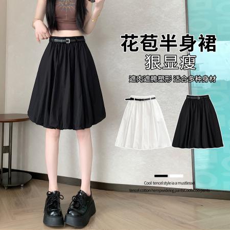 BY14976# 夏设计感甜美褶皱云朵蓬蓬花苞裙a字半身中裙配腰带 服裝批發女裝批發服飾貨源