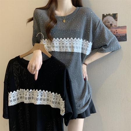 BY14979# 大码胖MM设计感小众烫钻圆领撞色蕾丝拼接微透T恤上衣 服裝批發女裝批發服飾貨源