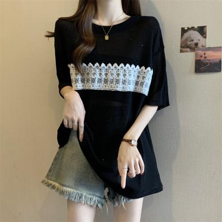 BY14979# 大码胖MM设计感小众烫钻圆领撞色蕾丝拼接微透T恤上衣 服裝批發女裝批發服飾貨源