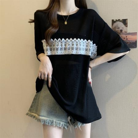 BY14979# 大码胖MM设计感小众烫钻圆领撞色蕾丝拼接微透T恤上衣 服裝批發女裝批發服飾貨源