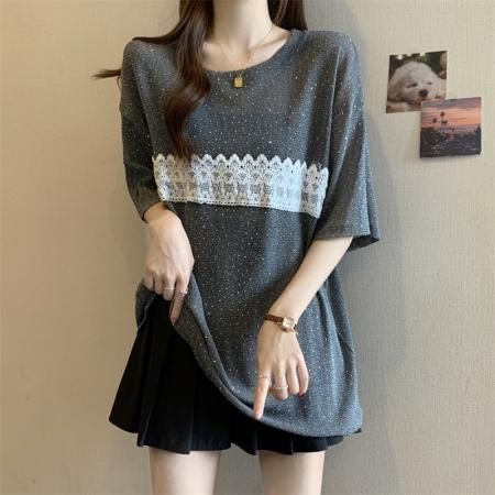BY14979# 大码胖MM设计感小众烫钻圆领撞色蕾丝拼接微透T恤上衣 服裝批發女裝批發服飾貨源