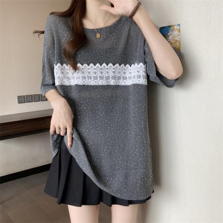 BY14979# 大码胖MM设计感小众烫钻圆领撞色蕾丝拼接微透T恤上衣 服裝批發女裝批發服飾貨源