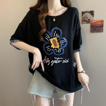 BY14980# 大码胖MM设计感撞色印花宽松T恤洋气百搭遮肉上衣 服裝批發女裝批發服飾貨源