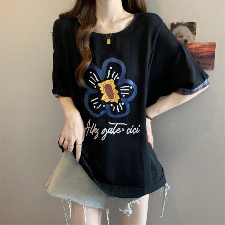 BY14980# 大码胖MM设计感撞色印花宽松T恤洋气百搭遮肉上衣 服裝批發女裝批發服飾貨源