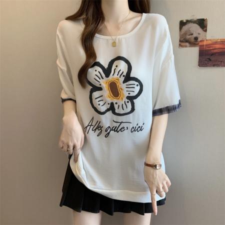 BY14980# 大码胖MM设计感撞色印花宽松T恤洋气百搭遮肉上衣 服裝批發女裝批發服飾貨源