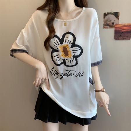 BY14980# 大码胖MM设计感撞色印花宽松T恤洋气百搭遮肉上衣 服裝批發女裝批發服飾貨源