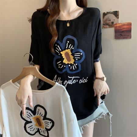BY14980# 大码胖MM设计感撞色印花宽松T恤洋气百搭遮肉上衣 服裝批發女裝批發服飾貨源