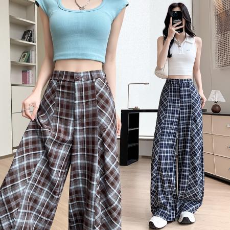 BY14981# 设计感拼接高腰格子裤女夏款垂感老钱风百搭显瘦弯刀休闲裤 服裝批發女裝批發服飾貨源