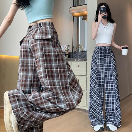 BY14981# 设计感拼接高腰格子裤女夏款垂感老钱风百搭显瘦弯刀休闲裤 服裝批發女裝批發服飾貨源