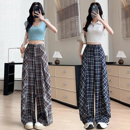 BY14981# 设计感拼接高腰格子裤女夏款垂感老钱风百搭显瘦弯刀休闲裤 服裝批發女裝批發服飾貨源