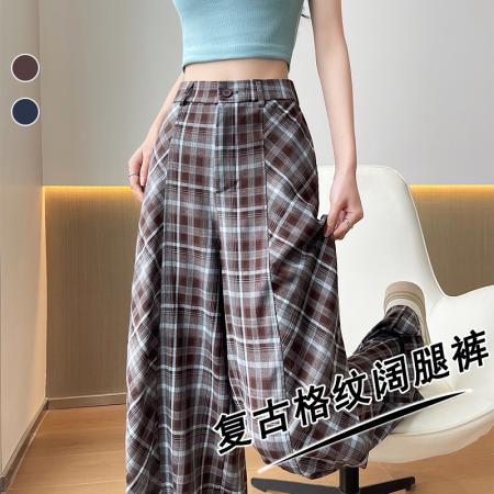 BY14981# 设计感拼接高腰格子裤女夏款垂感老钱风百搭显瘦弯刀休闲裤 服裝批發女裝批發服飾貨源