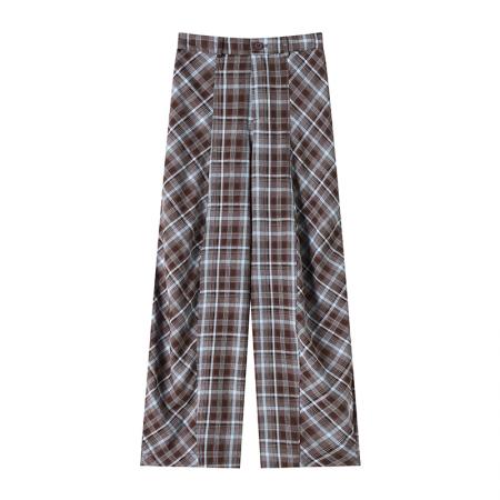 BY14981# 设计感拼接高腰格子裤女夏款垂感老钱风百搭显瘦弯刀休闲裤 服裝批發女裝批發服飾貨源