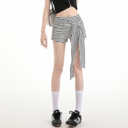 BY14983# 韩系纯欲辣妹时尚黑白条纹绑带阔腿裤女夏季百搭休闲裤短裤热裤 服裝批發女裝批發服飾貨源