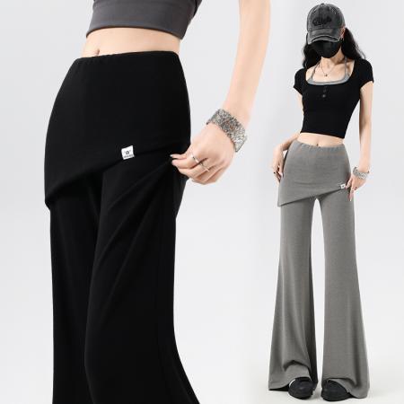 BY14984# 赵露思同款假两件微喇裤女夏季高腰显瘦高弹休闲运动喇叭裤 服裝批發女裝批發服飾貨源