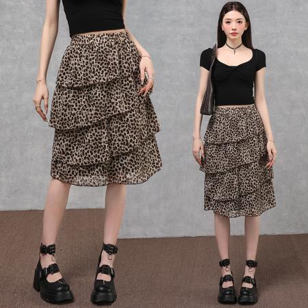 BY14985# 复古豹纹荷叶边半身裙女夏季新款时髦百搭A字不规则蛋糕中裙 服裝批發女裝批發服飾貨源