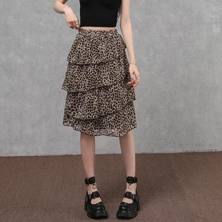 BY14985# 复古豹纹荷叶边半身裙女夏季新款时髦百搭A字不规则蛋糕中裙 服裝批發女裝批發服飾貨源
