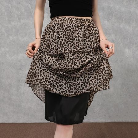 BY14985# 复古豹纹荷叶边半身裙女夏季新款时髦百搭A字不规则蛋糕中裙 服裝批發女裝批發服飾貨源