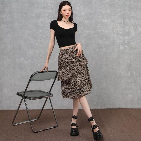 BY14985# 复古豹纹荷叶边半身裙女夏季新款时髦百搭A字不规则蛋糕中裙 服裝批發女裝批發服飾貨源