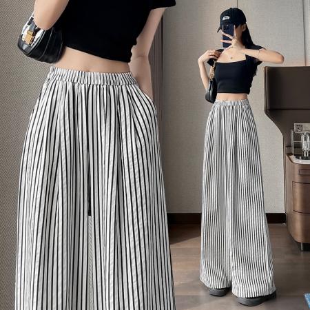 BY14987# 美式复古竖条纹裤子女春夏季新款宽松显瘦休闲直筒阔腿裤 服裝批發女裝批發服飾貨源