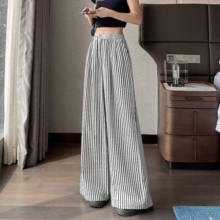 BY14987# 美式复古竖条纹裤子女春夏季新款宽松显瘦休闲直筒阔腿裤 服裝批發女裝批發服飾貨源