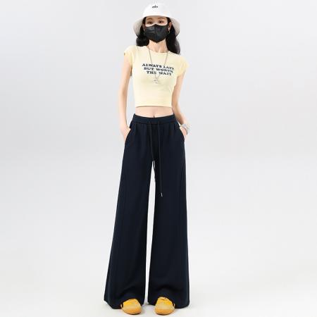 BY14988# 抽绳纯色微喇直筒休闲裤女夏季新款韩系时尚百搭显瘦小众长裤 服裝批發女裝批發服飾貨源