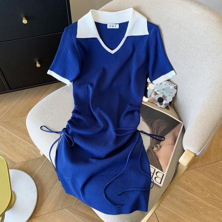 BY14989# 夏季新款韩版甜辣妹polo领修身抽绳连衣裙针织裙子 服裝批發女裝批發服飾貨源