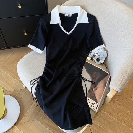 BY14989# 夏季新款韩版甜辣妹polo领修身抽绳连衣裙针织裙子 服裝批發女裝批發服飾貨源