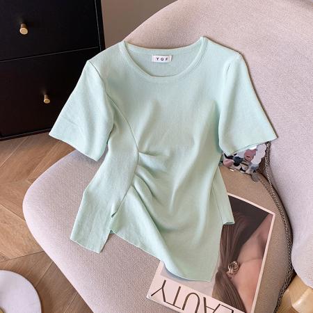 BY14990# 夏季新款韩版不规则设计感显瘦T恤上衣冰丝针织衫女 服裝批發女裝批發服飾貨源