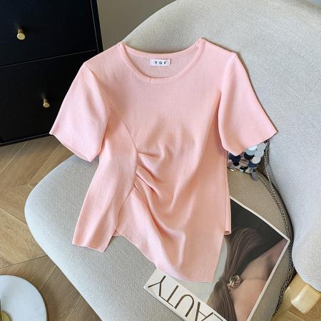 BY14990# 夏季新款韩版不规则设计感显瘦T恤上衣冰丝针织衫女 服裝批發女裝批發服飾貨源