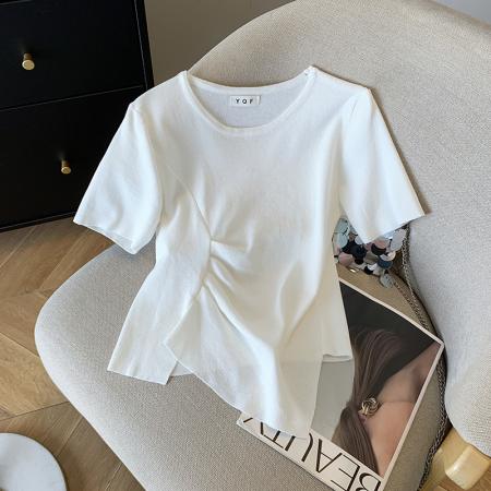 BY14990# 夏季新款韩版不规则设计感显瘦T恤上衣冰丝针织衫女 服裝批發女裝批發服飾貨源