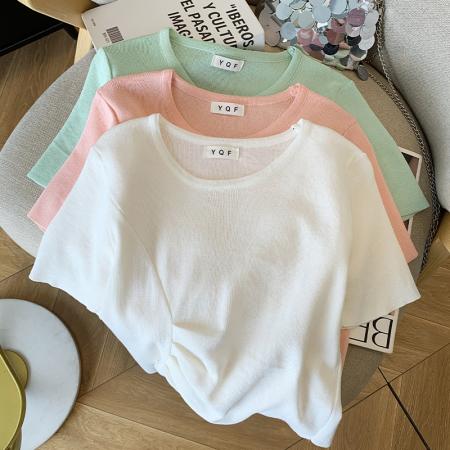 BY14990# 夏季新款韩版不规则设计感显瘦T恤上衣冰丝针织衫女 服裝批發女裝批發服飾貨源