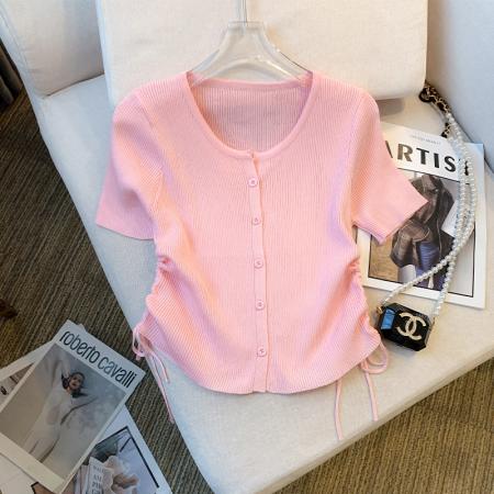 BY14991# 夏季新款设计感修身抽绳T恤短袖冰丝针织上衣女 服裝批發女裝批發服飾貨源