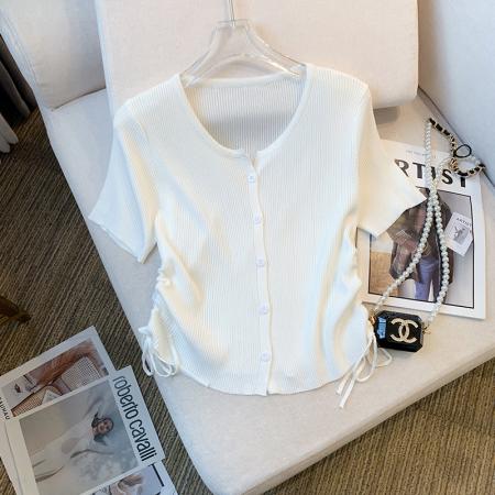 BY14991# 夏季新款设计感修身抽绳T恤短袖冰丝针织上衣女 服裝批發女裝批發服飾貨源